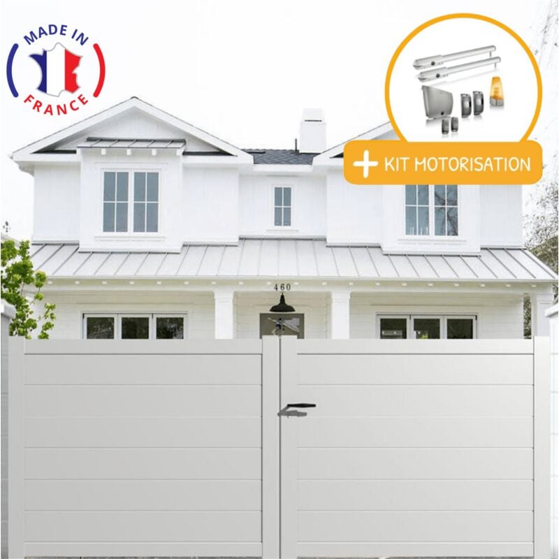 Portail aluminium battant plein en kit + Motorisation dimensions L.4000 (entre piliers) x H.1500 mm sgs Essential (vérins) Couleurs Blanc (ral 9010)