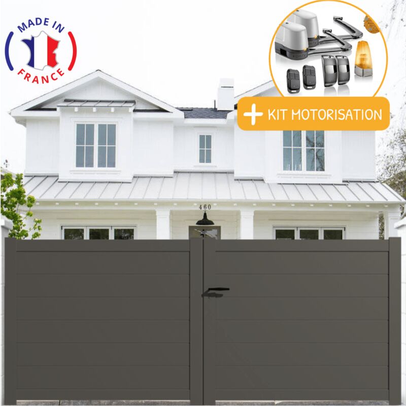 Portail aluminium battant plein en kit + Motorisation dimensions L.3500 (entre piliers) x H.1500 mm lockyvia (à bras) Couleurs Gris quartz (ral 7039)