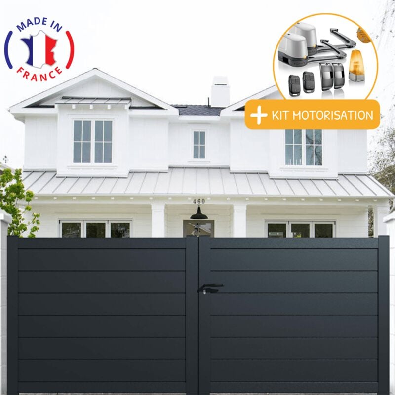 Portail aluminium battant plein en kit + Motorisation dimensions L.3000 (entre piliers) x H.1700 mm lockyvia (à bras) Couleurs Gris (ral 7016)