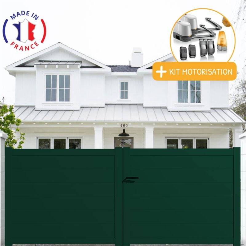 Portail aluminium battant plein en kit + Motorisation dimensions L.3500 (entre piliers) x H.1700 mm lockyvia (à bras) Couleurs Vert (ral 6005)