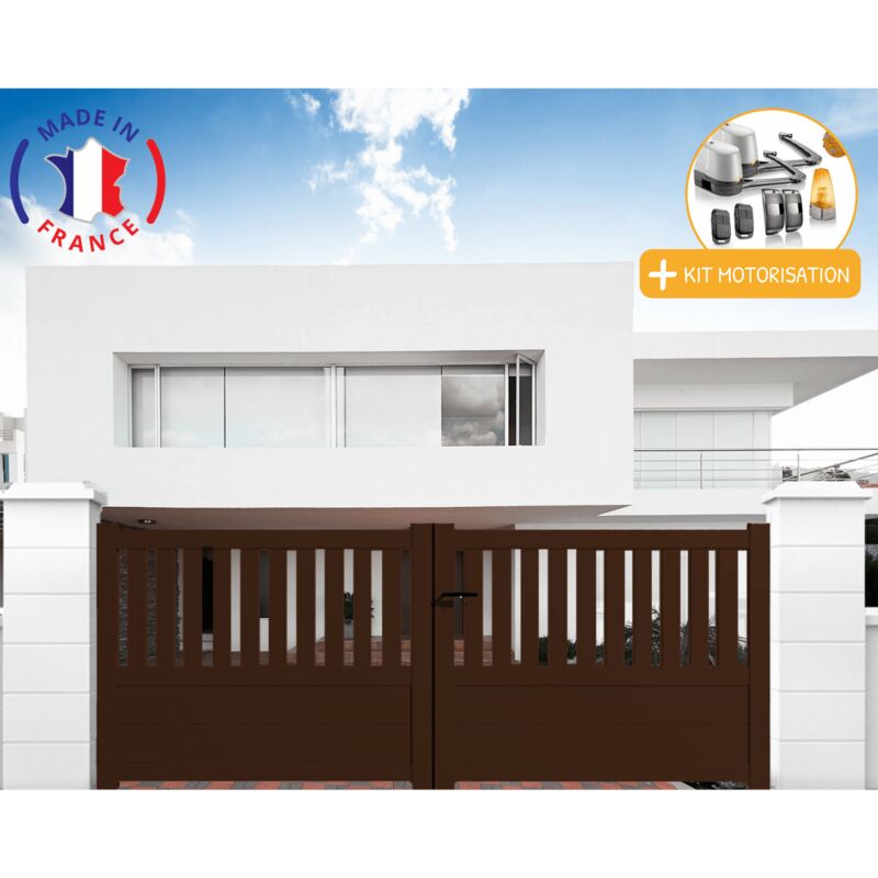 Portail aluminium battant semi-ajouré en kit + Motorisation dimensions L.3500 (entre piliers) x H.1300 mm lockyvia (à bras) Couleurs Marron (ral 1247)