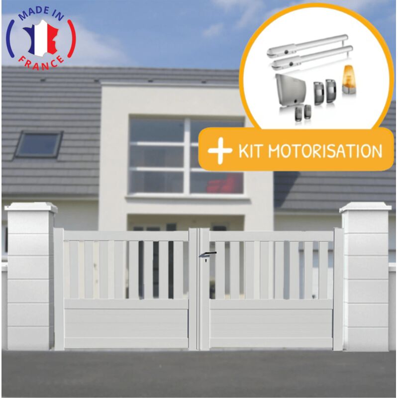 Portail aluminium battant semi-ajouré en kit + Motorisation dimensions L.3000 (entre piliers) x H.1300 mm sgs Essential (vérins) Couleurs Blanc (ral