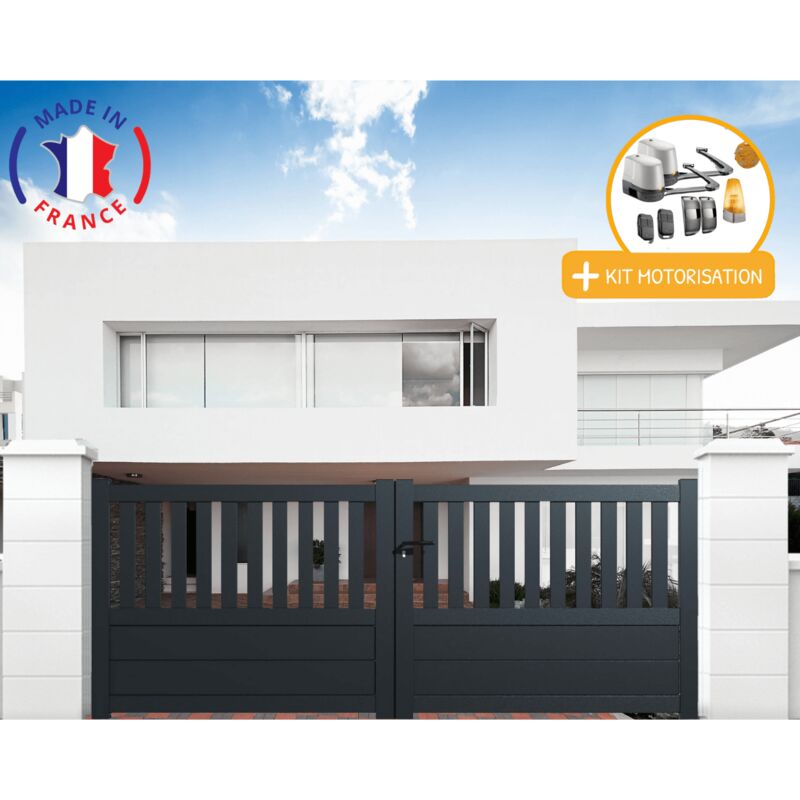 Portail aluminium battant semi-ajouré en kit + Motorisation dimensions L.4000 (entre piliers) x H.1300 mm lockyvia (à bras) Couleurs Gris (ral 7016)