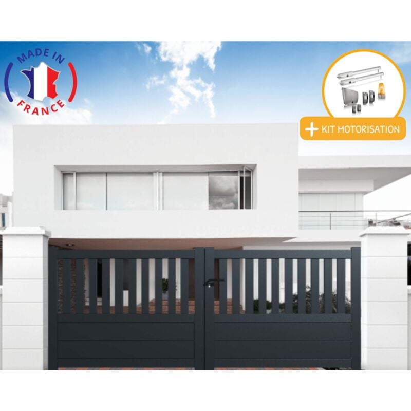 Portail aluminium battant semi-ajouré en kit + Motorisation dimensions L.3000 (entre piliers) x H.1300 mm sgs Essential (vérins) Couleurs Gris (ral