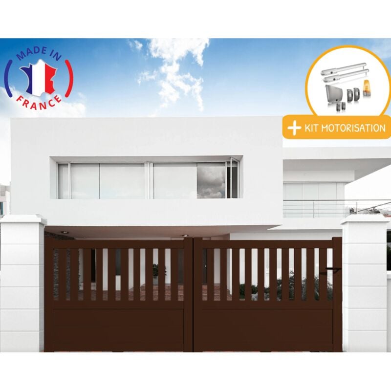 Portail aluminium battant semi-ajouré en kit + Motorisation dimensions L.4000 (entre piliers) x H.1300 mm sgs Essential (vérins) Couleurs Marron (ral