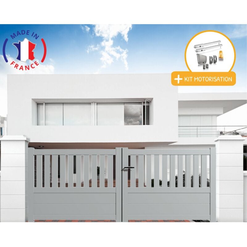 Portail aluminium battant semi-ajouré en kit + Motorisation dimensions L.3500 (entre piliers) x H.1300 mm sgs Essential (vérins) Couleurs Gris clair