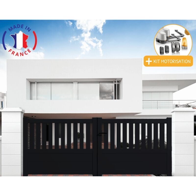 Portail aluminium battant semi-ajouré en kit + Motorisation dimensions L.3000 (entre piliers) X H.1300 mm LOCKYVIA (à bras) Couleurs Noir (RAL 9005)