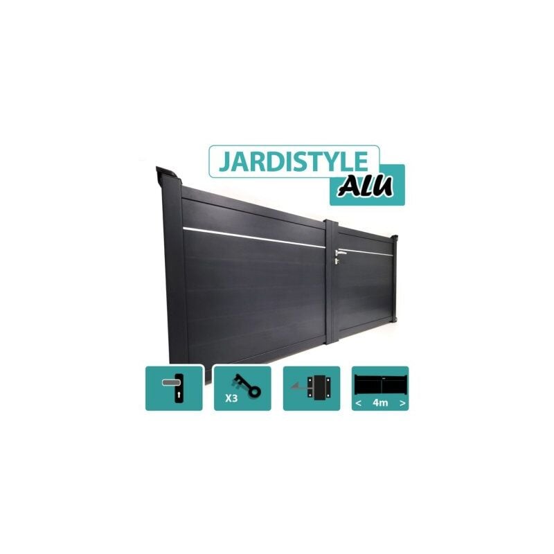 Cloture&jardin - Portail Aluminium Gris Anthracite - Plein avec Liseré - Largeur 4m - 1,40 mètre