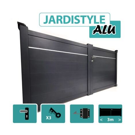 Portail Aluminium Gris Anthracite - Plein avec Liseré - Largeur 3m - 1,80 mètre