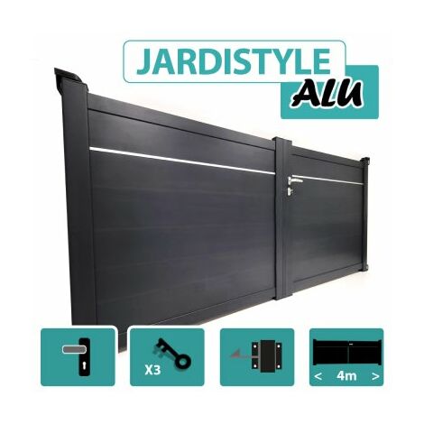 Portail Aluminium Gris Anthracite - Plein avec Liseré - Largeur 4m - 1,80 mètre