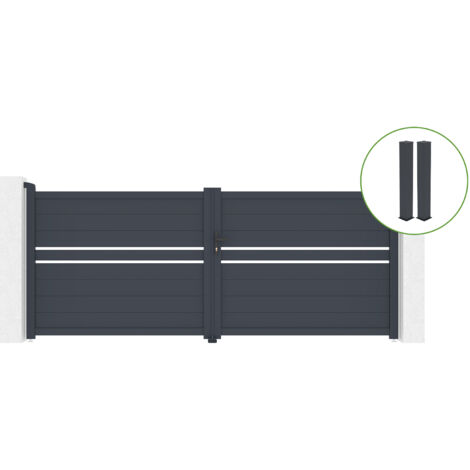 Portail battant 3,5m CIMONE H.140cm alu gris + 2 poteaux 20x20cm H.166cm