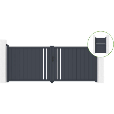 Portail battant 3,5m GIONA H.140cm alu gris + Portillon 1M CIMONE H.140cm alu