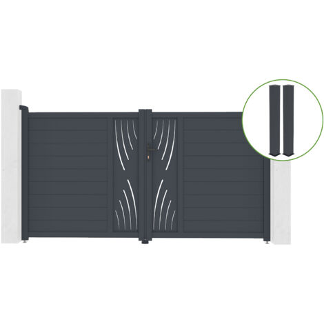 Portail battant 3m VELETA H.160cm alu gris + 2 poteaux 20x20cm H.190cm