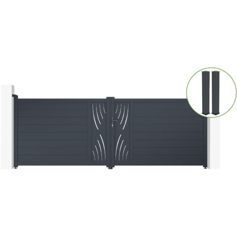 Portail battant 4m VELETA H.140cm alu gris + 2 poteaux 20x20cm H.166cm