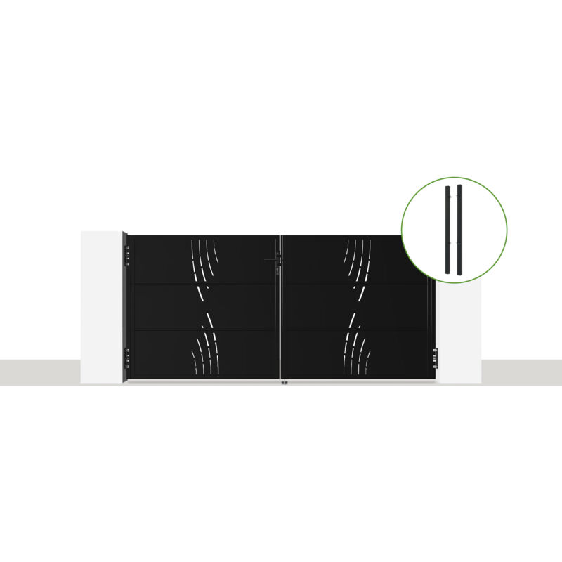 Portail battant acier nali veleta 300 x 140cm + 2 poteaux acier dario Noir Mat