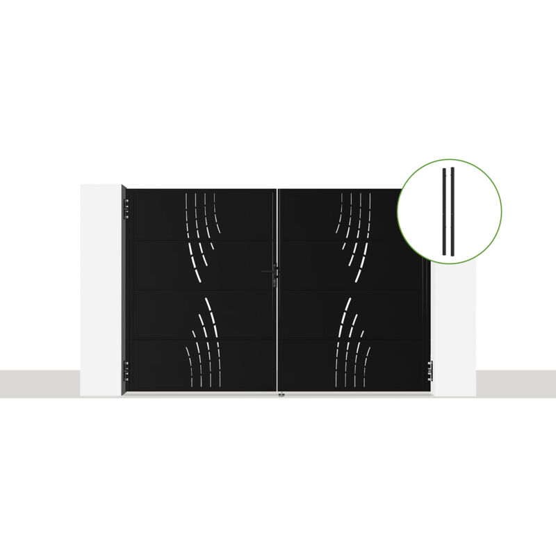Portail battant acier NALI VELETA 300 x 200cm + 2 poteaux acier DARIO Noir Mat