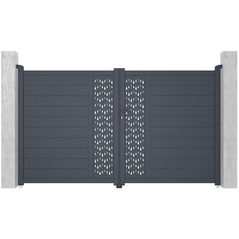 Portail battant aluminium semi plein à motifs L305 x H181 cm anthracite GREGOR
