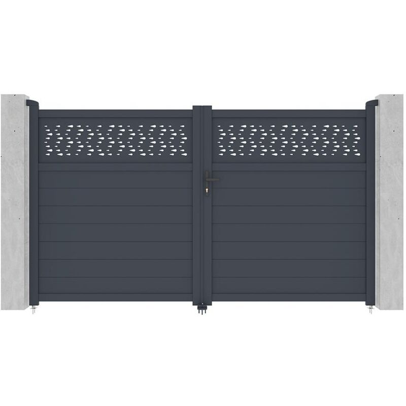 Portail battant aluminium semi plein à motifs L305 x H181 cm anthracite - bazio