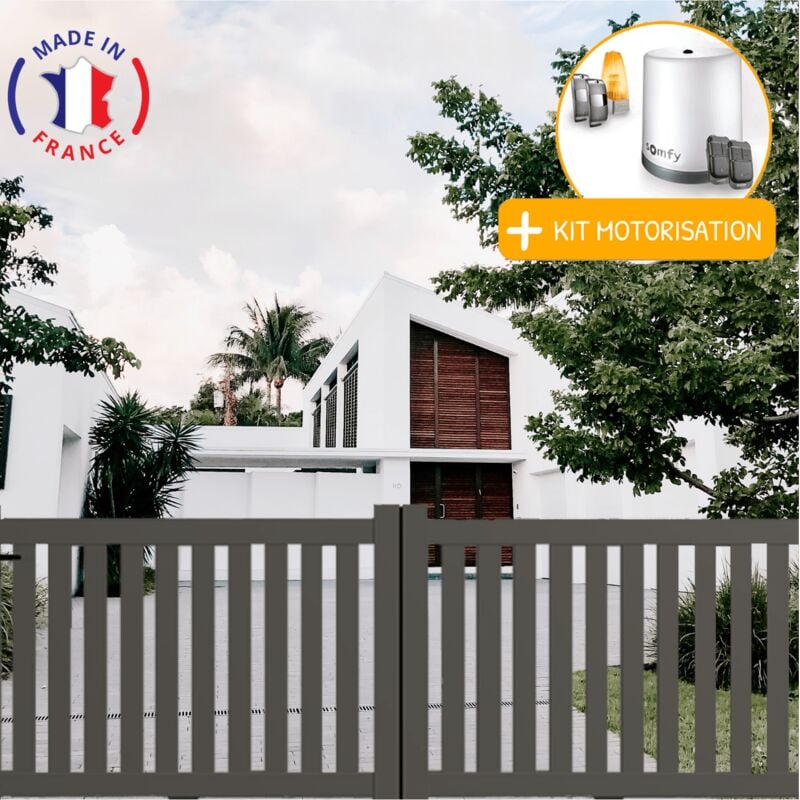 Portail aluminium coulissant ajouré en kit+ Motorisation dimensions L.3500 (entre piliers) x H.1200 mm Couleurs Gris quartz (ral 7039)