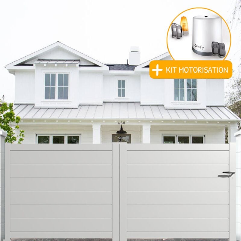 Portail aluminium coulissant plein en kit + Motorisation dimension L.3500 (entre piliers) x H.1500 mm Blanc (ral 9010)