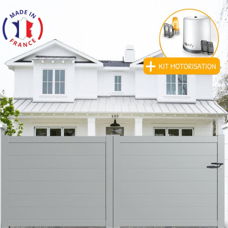 Portail aluminium coulissant plein en kit + Motorisation dimensions L.4000 (entre piliers) x H.1500 mm Couleurs Gris clair (ral 7035)