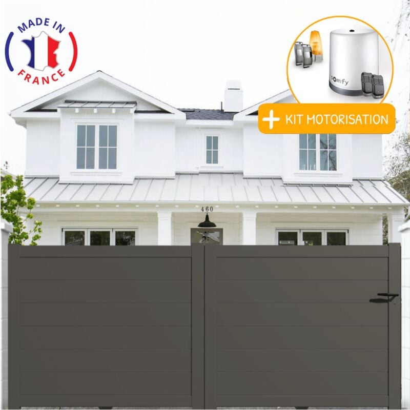 Portail aluminium coulissant plein en kit + Motorisation dimensions L.3000 (entre piliers) x H.1700 mm Couleurs Gris quartz (ral 7039)