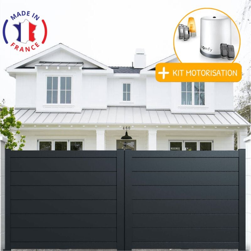 Portail aluminium coulissant plein en kit + Motorisation dimensions L.3000 (entre piliers) x H.1700 mm Couleurs Gris (ral 7016)