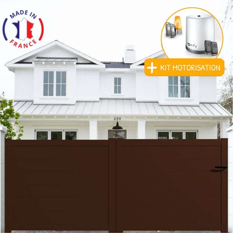 Portail aluminium coulissant plein en kit + Motorisation dimensions L.3000 (entre piliers) x H.1500 mm Couleurs Marron (ral 1247)