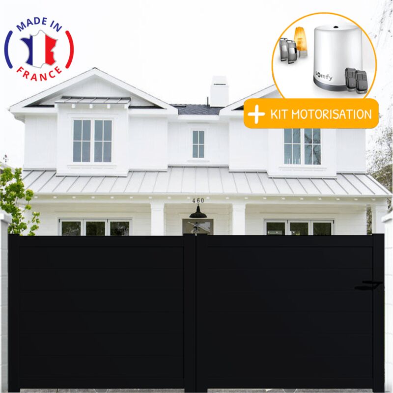 Portail aluminium coulissant plein en kit + Motorisation dimensions L.3000 (entre piliers) x H.1500 mm Couleurs Noir (ral 9005)