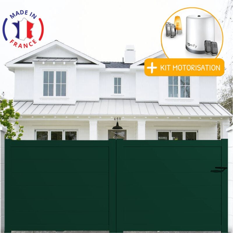 Portail aluminium coulissant plein en kit + Motorisation dimensions L.3500 (entre piliers) x H.1500 mm Couleurs Vert (ral 6005)