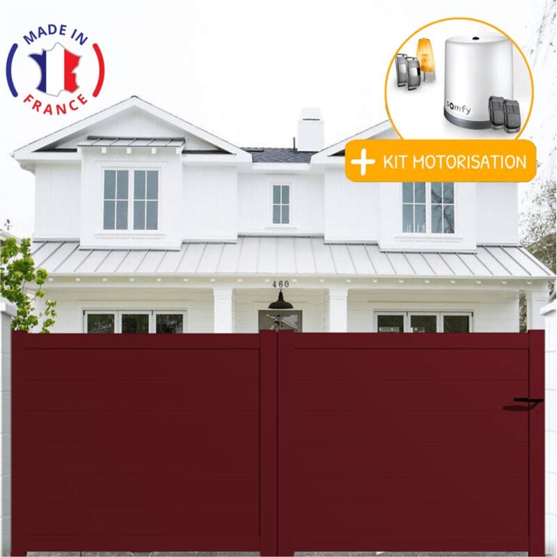 Portail aluminium coulissant plein en kit + Motorisation dimensions L.3000 (entre piliers) x H.1500 mm Couleurs Rouge (ral 3004)