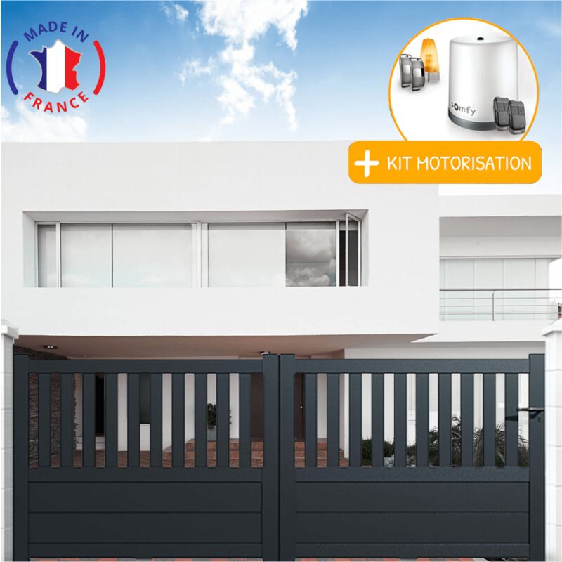 Portail aluminium coulissant semi-ajouré en kit + Motorisation dimension L.3500 (entre piliers) X H.1300 mm Couleurs Gris (RAL 7016)