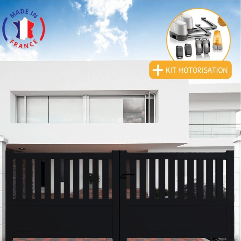 Portail aluminium coulissant semi-ajouré en kit + Motorisation dimensions L.4000 (entre piliers) x H.1300 mm Couleurs Noir (ral 9005)