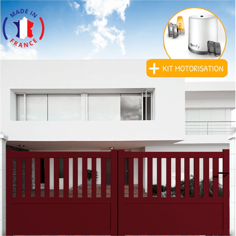 Portail aluminium coulissant semi-ajouré en kit + Motorisation dimensions L.3000 (entre piliers) X H.1300 mm Couleurs Rouge (RAL 3004)