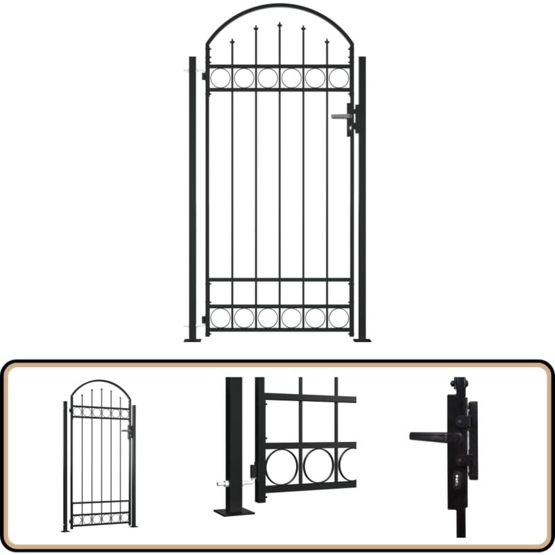 Portail de clôture à dessus arqué et 2 poteaux 105x204 cm Noir - Portail De Jardin - Portillon - Clôture - Portail Métallique - Portail Noir