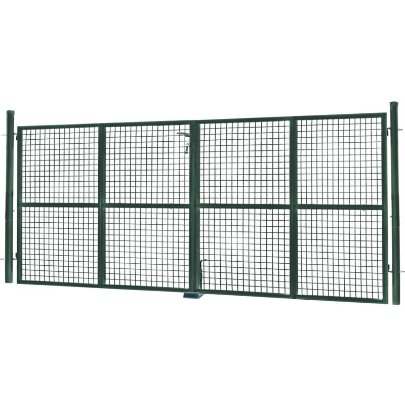 Portail de clôture grillagé 315 x 150 cm en acier vert avec serrure et poignée