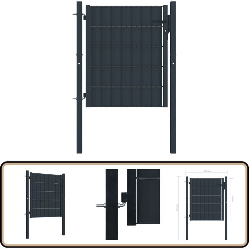 Portail de clôture PVC et acier 100x101 cm Anthracite - Portail De Cloture - Portillon - Clôture Jardin - Porte De Jardin - Porte Aluminium