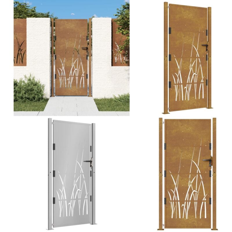 Portail de jardin 105x180 cm acier corten conception d'herbe - Portail De Jardin - Portillon - Clôture - Porte De Sécurité - Acier Corten - Home &