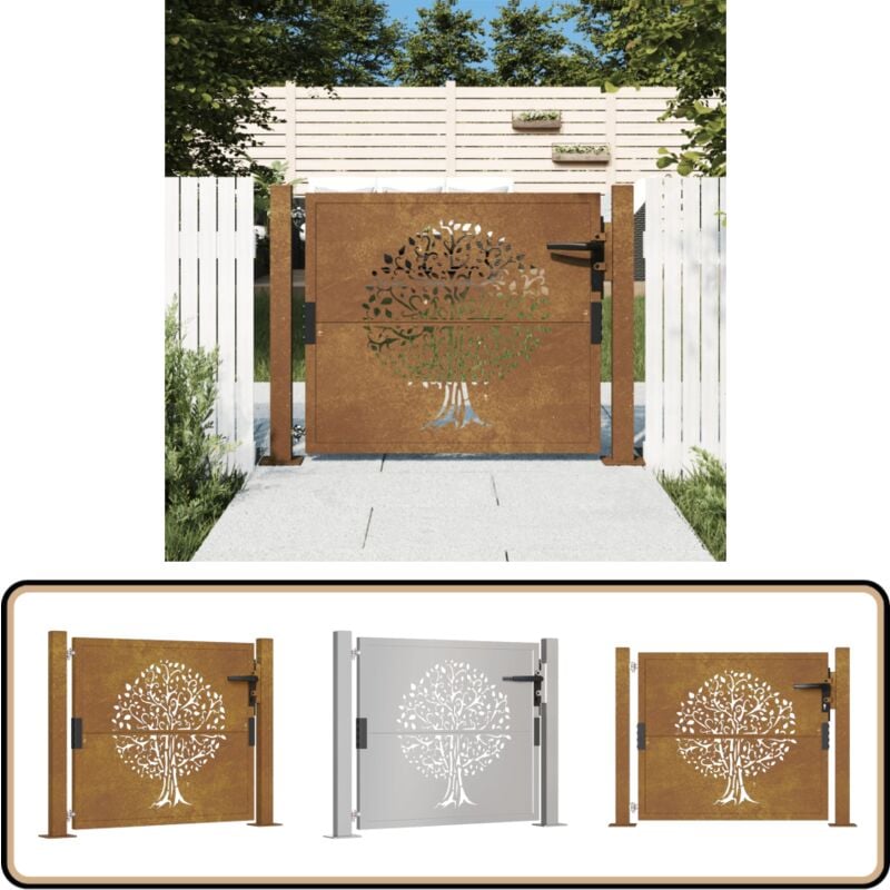 Portail de jardin 105x80 cm acier corten conception de l'arbre - Portail De Jardin - Portillon - Clôture - Porte De Sécurité - Acier Corten