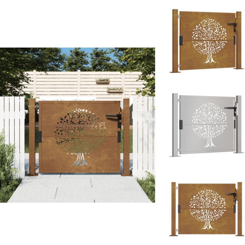 Portail de jardin 105x80 cm acier corten conception de l'arbre - Portail De Jardin - Portillon - Clôture - Porte De Sécurité - Acier Corten