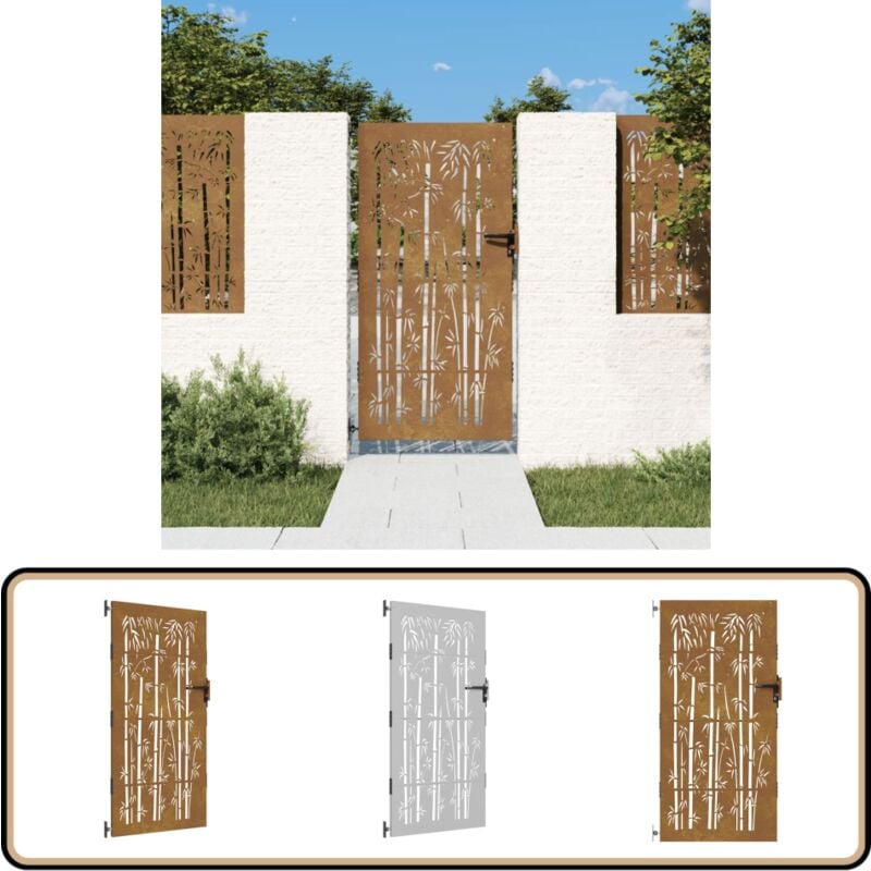 Portail de jardin 85x200 cm acier corten design de bambou - Portail De Jardin - Porte De Jardin - Portillon - Clôture - Acier Corten