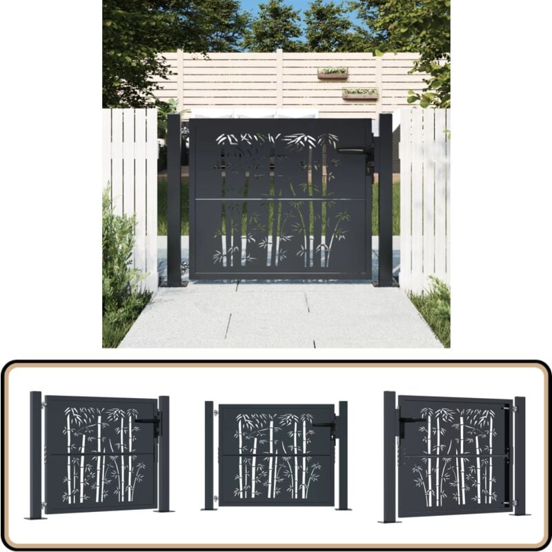 Portail de jardin anthracite 105x105 cm acier design de bambou - Portail De Jardin - Portillon - Clôture - Porte De Sécurité - Porte D'entrée