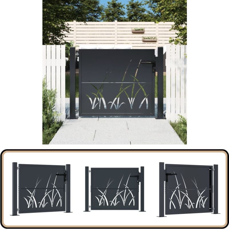 Portail de jardin anthracite 105x105cm acier conception d'herbe - Portail De Jardin - Portails Extérieurs - Clôture - Porte De Sécurité - Portail