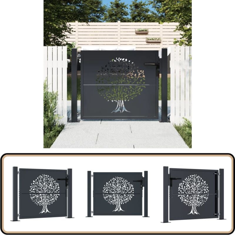 Portail de jardin anthracite 105x80 cm acier conception d'arbre - Portail De Jardin - Portails Exterieur - Porte De Cloture - Portail Aluminium