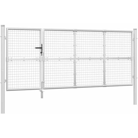 Portail de jardin grillagé argenté 350 x 125 cm en acier galvanisé