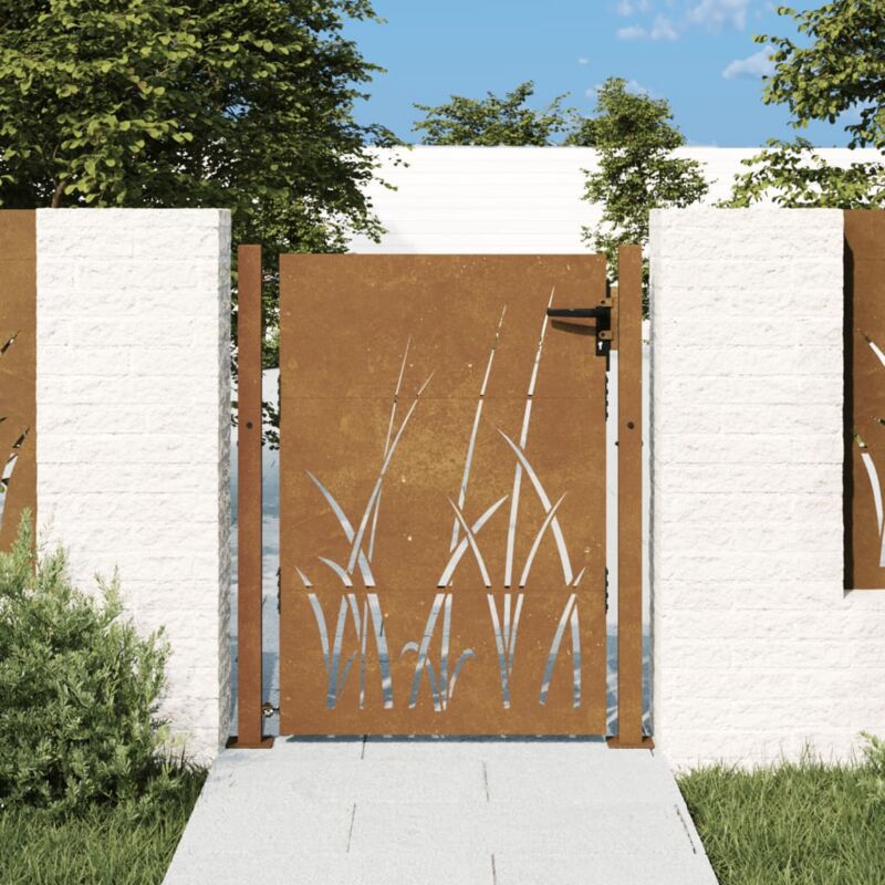 Portail de jardin Portillon Grillage Portail de Clôture 105x155 cm acier corten conception d'herbe 78280