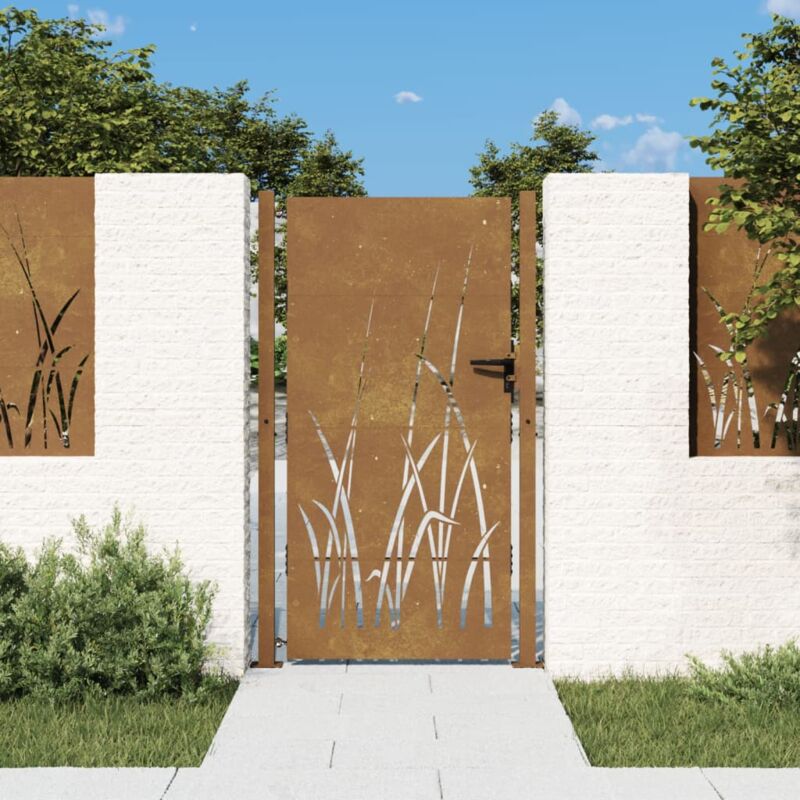 Portail de jardin Portillon Grillage Portail de Clôture 105x205 cm acier corten conception d'herbe 75914
