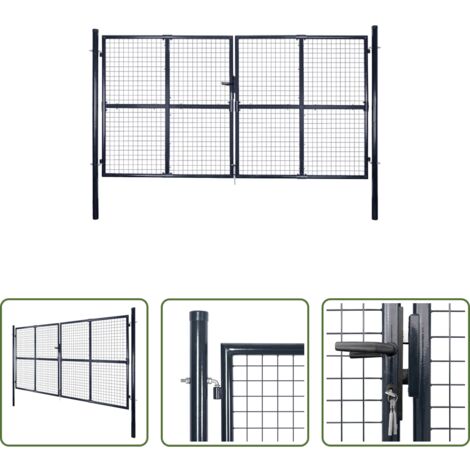 Portail de patio -  Portail de jardin grillagé en acier galvanisé gris 300 x 200 cm