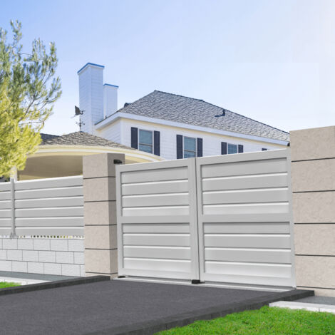 Portail double battant motorisé brise-vue L 3500 x H 1880 mm (Blanc satiné RAL9010)