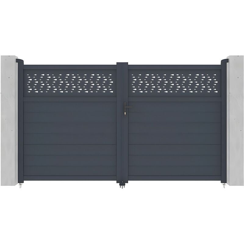Portail électrique battant aluminium semi plein à motifs L305 x H181 cm anthracite - bazio